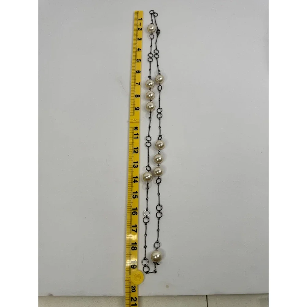 Women Oversized Faux Pearl Gunmetal Link Station Necklace Long Opera Y2K‎ Retro